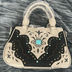 Beige and Black Western Accent Handbag with Turquoise Detail